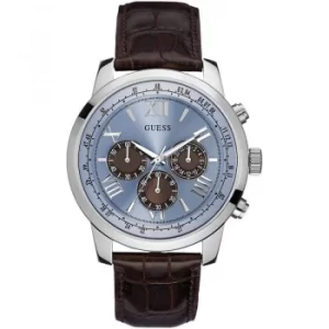 Image of GUESS Mens brown crocodile leather strap watch with a blue dial.