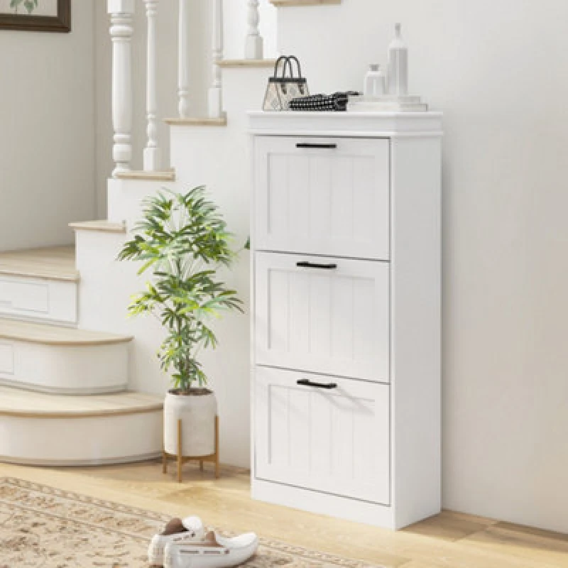 Image of HOMCOM Slim Shoe Storage Cabinet with 3 Flip Drawers for Entryway, White 837-418V80WT