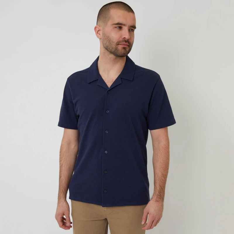 Image of Threadbare Cotton Pique Revere Collar Short Sleeve Shirt Navy male S