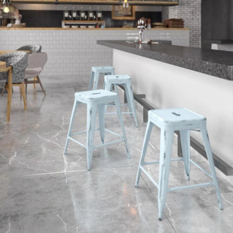 Image of FWStyle FWStyle Set Of 4 24" Baby Blue Metal Bar Stools Galvanised Steel Ready Assembled Blue One Size Unisex 5056413131362