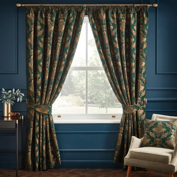 Image of Paoletti Shiraz Traditional Jacquard Pencil Pleat Curtains Emerald