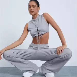Image of I Saw It First Lace Up Sleeveless Crop Top And Flared Trousers Co Ord Set - Grey