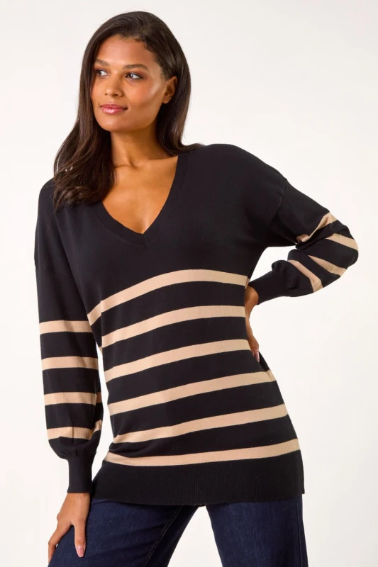 Image of Roman Womens Stripe V-Neck Boyfriend Knit Jumper in Black Size: 10 Black Female 10