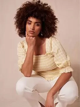 Image of Mint Velvet Yellow Gingham Puff Sleeve Top, Yellow, Size L, Women