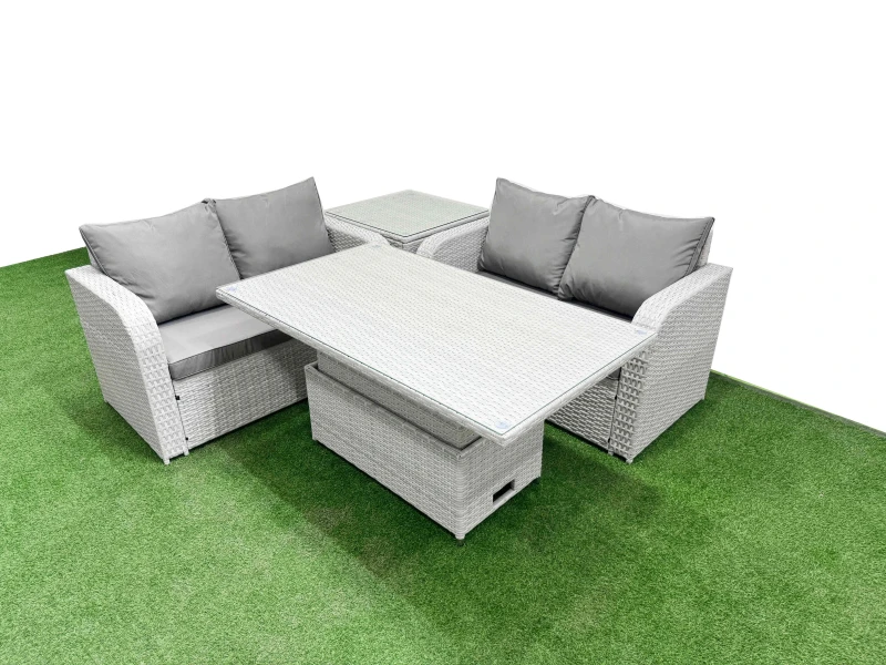 Image of Fimous 4 Seater Outdoor Love Sofa Set Rattan Garden Furniture Set with Adjustable Lifting Dining or Coffee Table Side Table Light Grey Light Grey