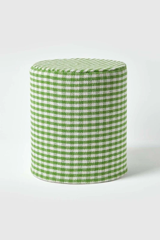 Image of Homescapes Green Gingham Check Round Pouffe Cotton 40 X 42 Cm