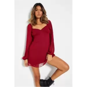 Image of I Saw It First Dobby Mesh Long Puff Sleeve Skater Dress - Red