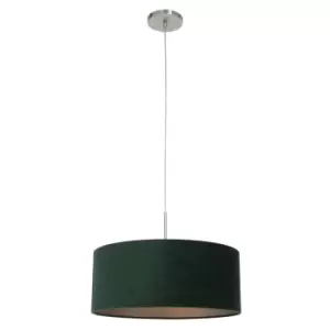 Image of Sparkled Light Cylindrical Pendant Ceiling Light Brushed Steel, Velvet Green
