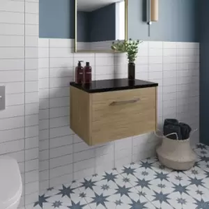 Image of Hudson Reed Juno Wall Hung 1-Drawer Vanity Unit with Sparkling Black Worktop 600mm Wide - Autumn Oak