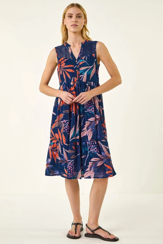 Image of Roman Womens Leaf Print V-Neck Tiered Dress in Navy Size: 14 Navy Female 14