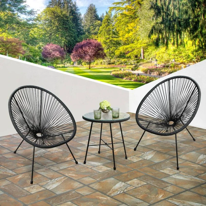 Image of RAYGAR Raygar - 3pcs Bistro Egg Designer String Chair Indoor & Garden Set - Black RG0525