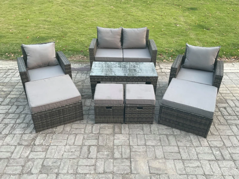 Image of Fimous High Back Rattan Garden Furniture Sofa Sets with Rectangular Coffee Table Armchair 2 Big Footstool 2 Small Footstools Dark Grey Mixed Dark Grey