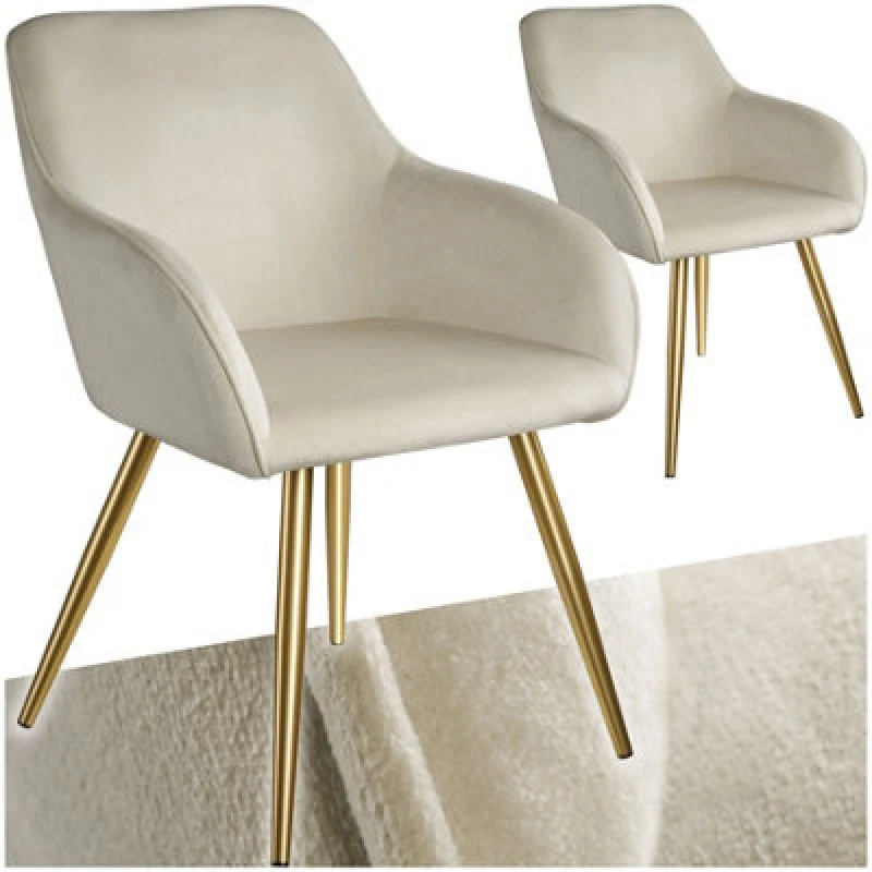 Image of Tectake Set Of 2 Chair Marilyn With Velvet Cover, Gold Steel Legs And Plush Padding - Cream/gold