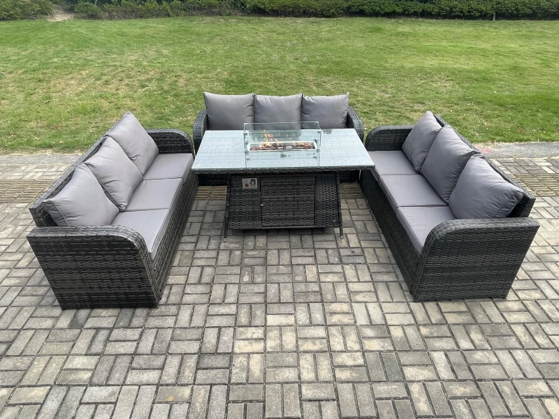 Image of Fimous Rattan Garden Furniture Set with Fire Pit Table 4 Pieces Outdoor Lounge Sofa Set Dark Grey Mixed Dark Grey