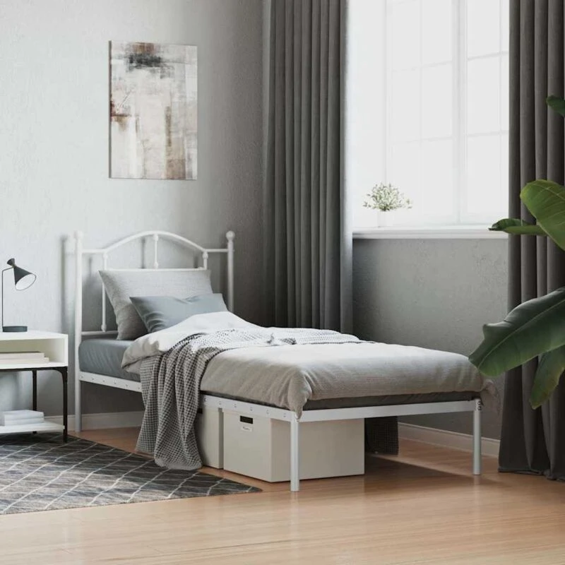 Image of Vidaxl Metal Bed Frame Without Mattress With Headboard White 90X190 Cm Single, White 353480