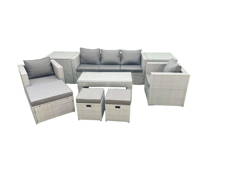 Image of Fimous Rattan Garden Furniture Set 8 Seater Outdoor Garden Sofa Oblong Coffee Table Set with 2 Chairs 3 Stools 2 Side Tables Light Grey Mixed Light Gr