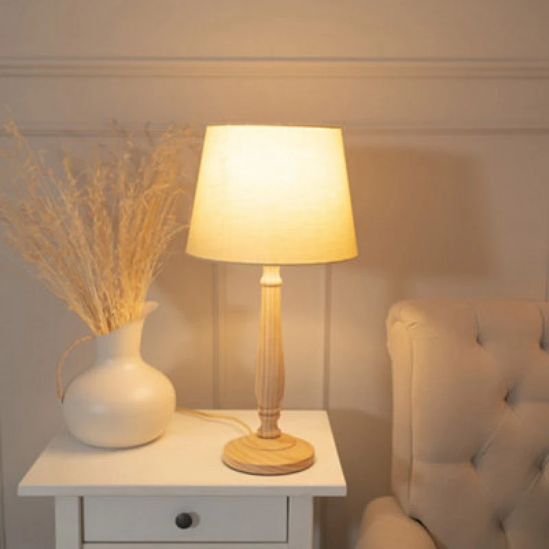 Image of ValueLights Victoria Light Wood Traditional Table Lamp with Fabric Tapered Shade and Bulb Cream