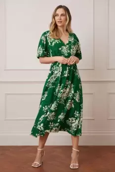 Image of Floral Jacquard Balloon Sleeve Midi Dress