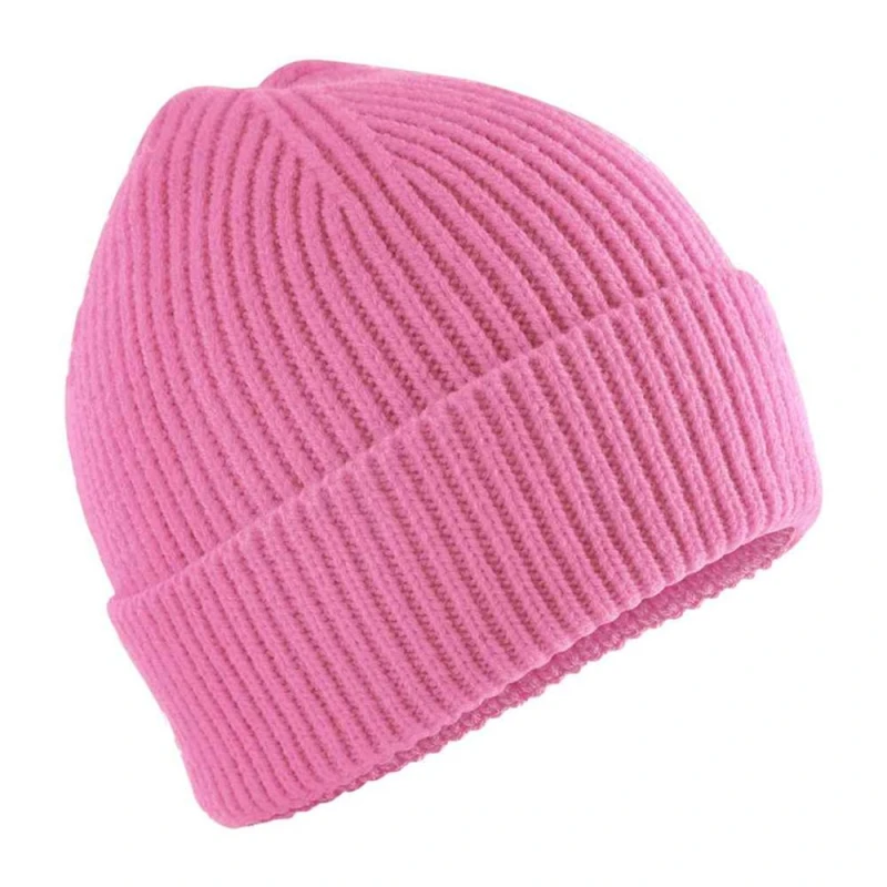 Image of Beechfield Rib Knit Stretch Wide Cuff Beanie Hat - Soft, Flexible in Pink Pink Unisex One Size
