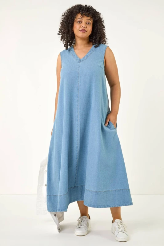 Image of Roman Womens Curve V-Neck Swing Dress in Mid Blue Size: 22-24 Mid Blue Female 22-24