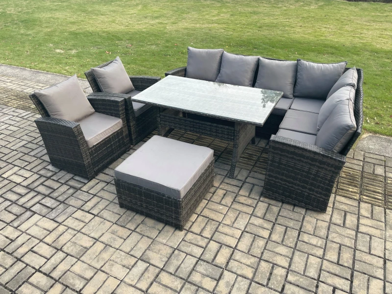 Image of Fimous 9 Seater Garden Rattan Furniture Corner Sofa Dining Table Chairs Set with Big Footstool 2 Armchairs Indoor Outdoor Lounge Sofa Set in Dark Grey