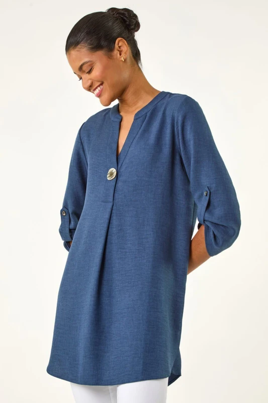 Image of Roman Womens Horn Button Detail Longline Top in Mid Blue Size: 10 Mid Blue Female 10