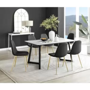 Image of Furniturebox UK - Furniturebox Carson White Marble Effect Rectangular 160cm Dining Table & 6 Black Corona Faux Leather Dining Chairs with Gold Legs