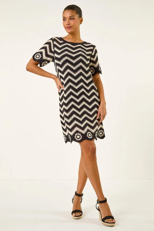 Image of Roman Womens Zig Zag Crochet Shift Dress in Black Size: 14 Black Female 14