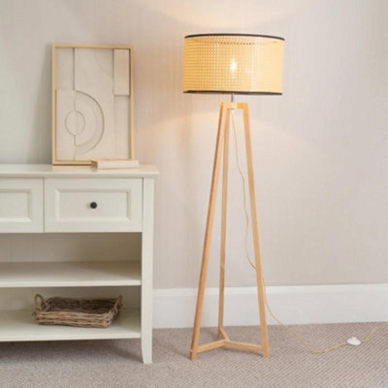 Image of ValueLights Lottie Natural Wood Tripod Floor Lamp with Wicker Drum Shade and LED Bulb Natural