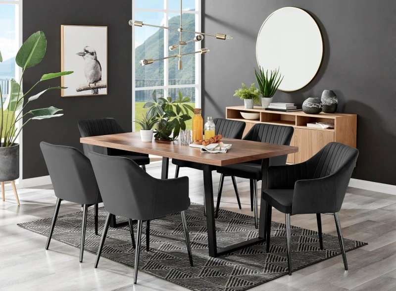 Image of FurnitureboxUK FurnitureboxUK Kylo Large Brown Wood Effect Dining Table & 6 Calla Black Leg Velvet Chairs Black One Size Unisex 5056657171568