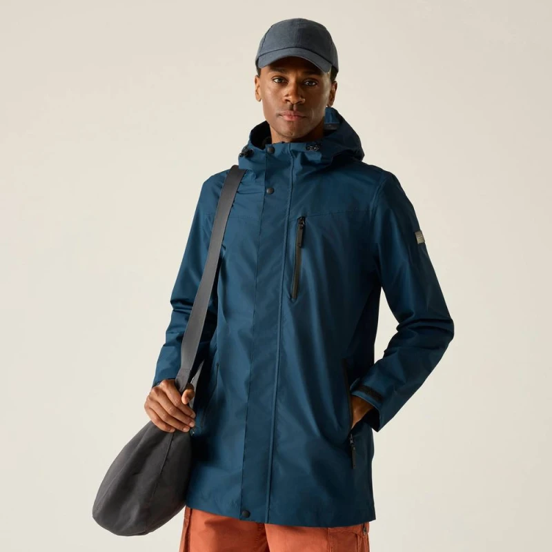 Image of Regatta Mens Daledon Longline Hooded Waterproof Jacket in Blue Size: Small Blue Male S