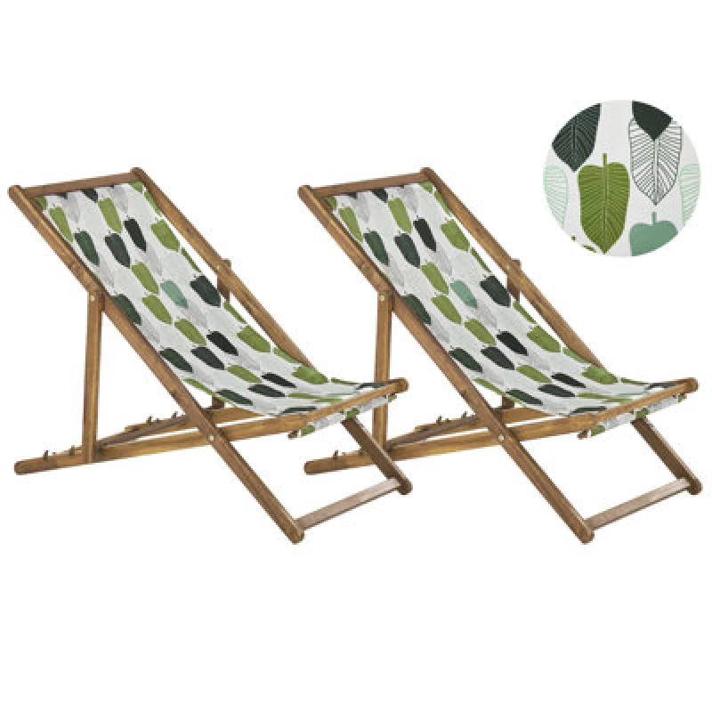 Image of BELIANI Set of 2 Folding Deck Chairs ANZIO with Replacement Fabrics Floral Motif Acacia Wood Light Brown 311372