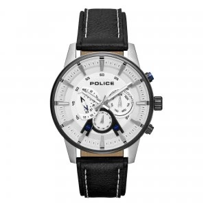 Image of Police Black Leather Strap Watch with White Multi Dial