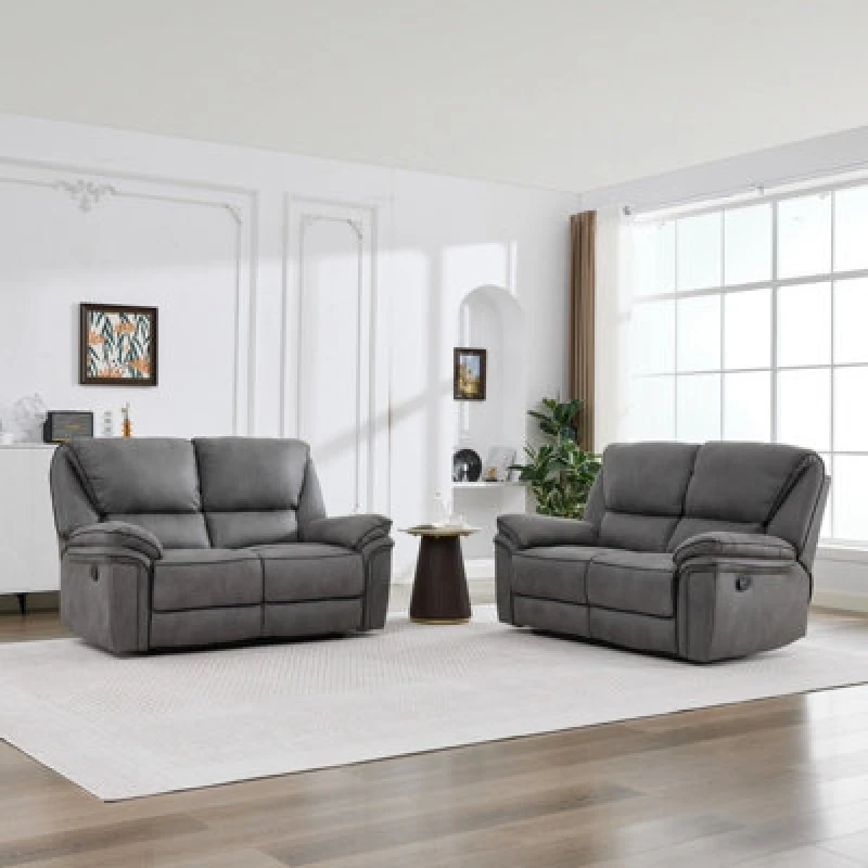 Image of Manual Reclining Leathaire Sofa Suite, Light Gray - 2+2 Seater