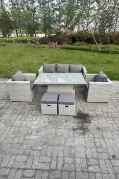 Image of Fimous 5 Seater Outdoor Light Grey Rattan Lounge Complete Sofa Set with Adjustable Table and 2 Stools