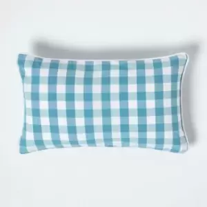 Image of Homescapes - Blue Block Check Cotton Gingham Cushion Cover, 30 x 50cm - Blue