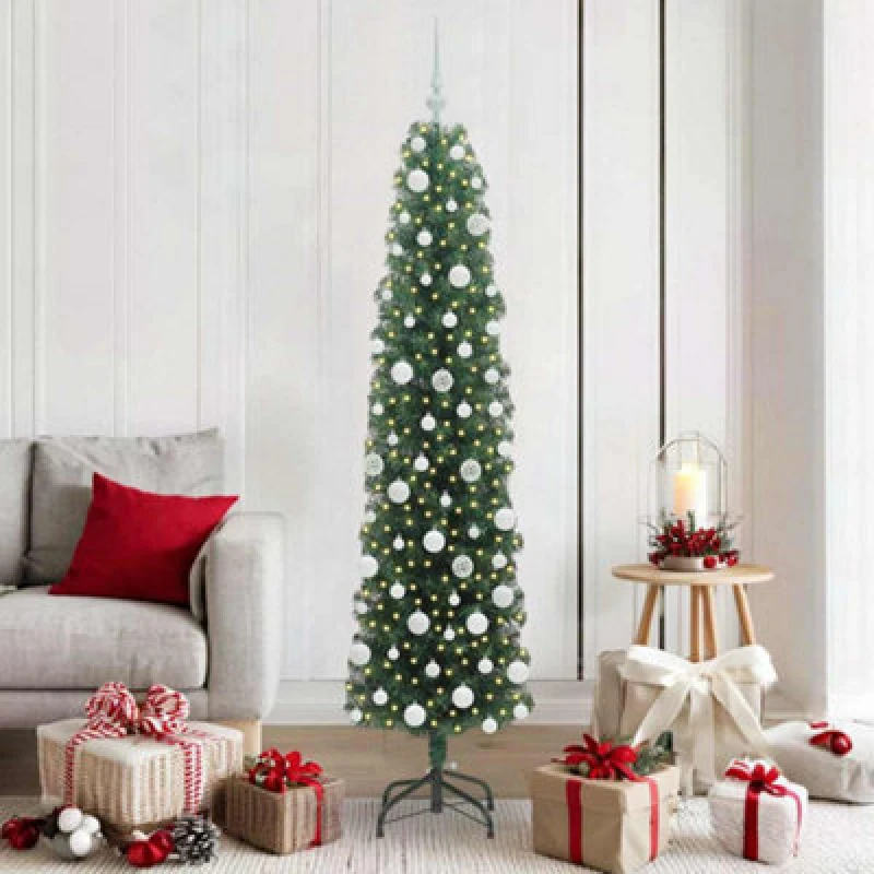 Image of vidaXL Artificial Christmas Tree with 300 LEDs, White Balls with Stand Green 180 x 48 cm, Green 3394946