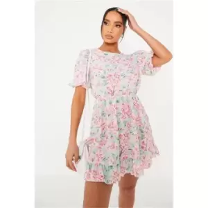 Image of I Saw It First Blue Woven Floral Puff Sleeve Skater Dress - Blue