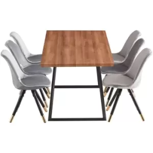 Image of 7 Pieces Life Interiors Sofia Toga Dining Set - an Extendable Brown Rectangular Wooden Dining Table and Set of 6 Light Grey Dining Chairs - Light Grey