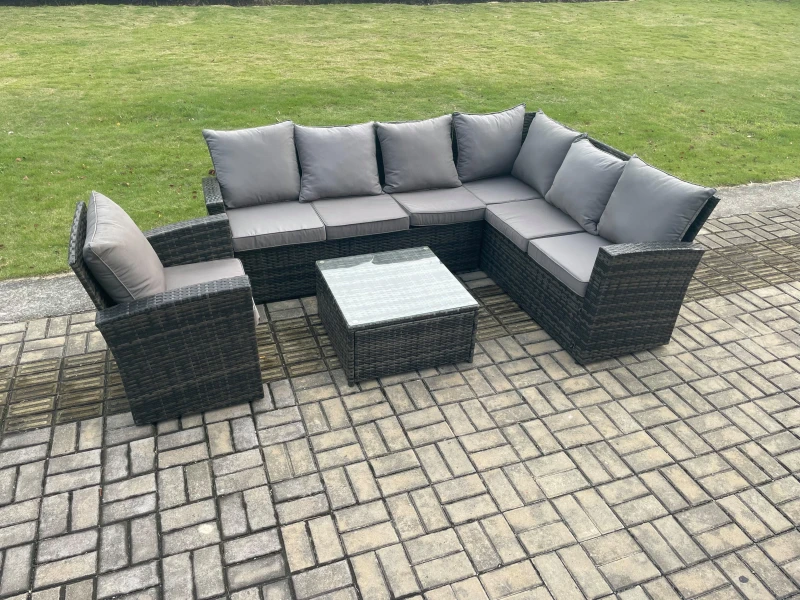 Image of Fimous Wicker PE Outdoor Garden Furniture Set High Back Rattan Corner Sofa Set with Armchair Square Coffee Table in Dark Grey Dark Grey Unisex