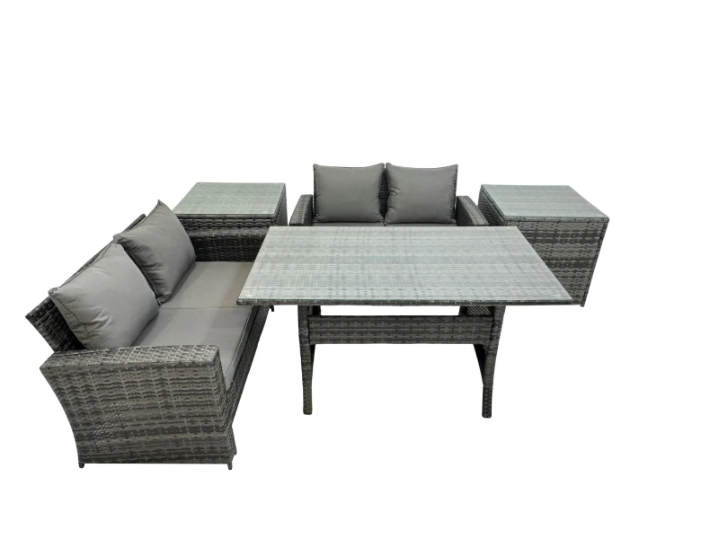 Image of Fimous 4 Seater Wicker Pe Rattan Furniture Outdoor Dining Table Double Seat Sofa 2 Side Table Set Dark Grey Mixed