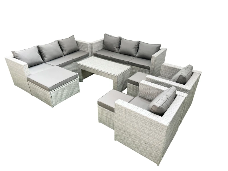 Image of Fimous Outdoor Garden Furniture Rattan Sofa Set with 2 Armchairs Oblong Coffee Table 3 Footstools Light Grey Mixed Light Grey