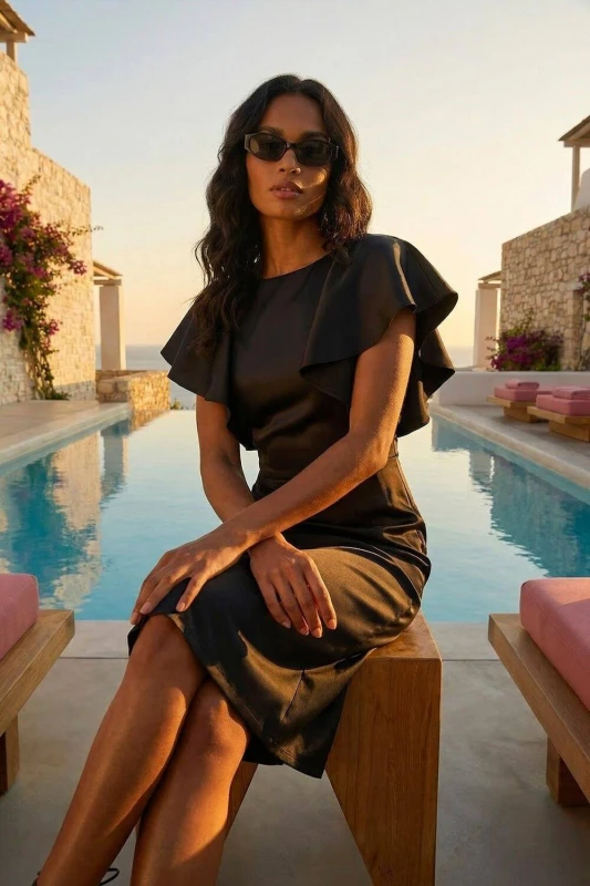 Image of Roman Womens Satin Ruffle Sleeve Dress in Black Size: 12 Black Female 12