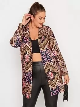 Image of Yours Scarf Print Floral Blazer - Navy Blue/Brown, Black, Size 24, Women