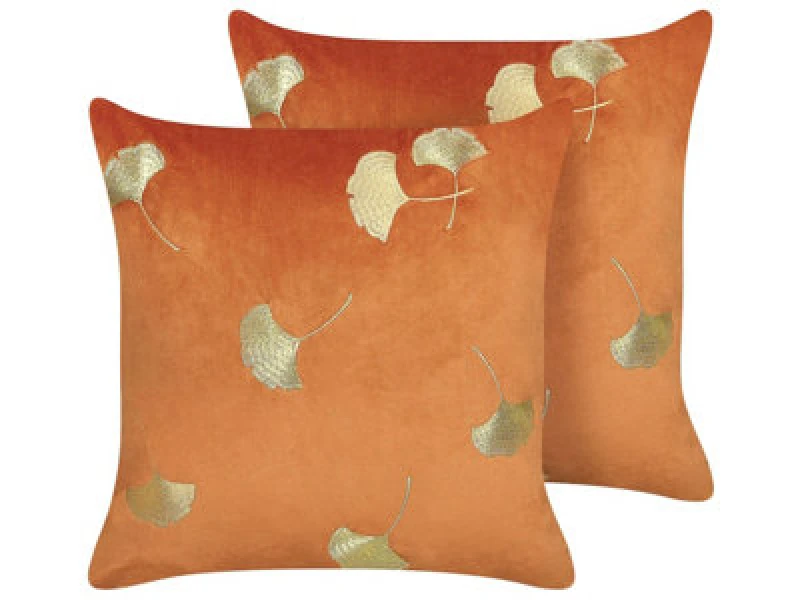 Image of Beliani Set Of 2 Decorative Cushions Tulip Velvet 45 X 45cm Orange Plant Pattern