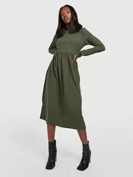 Image of Boohoo Crinkle Rib Roll Neck Midi Dress - Khaki, Green, Size 10, Women