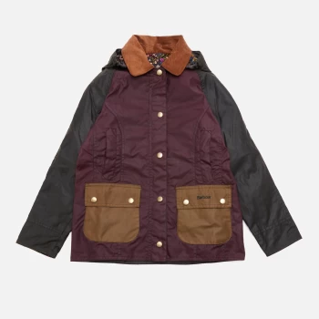 Image of Barbour Girls Hooded Beadnell Wax Jacket - Fern/Bordeaux/Sand/Fuchsia Secret Garden - XL (12-13 Years)