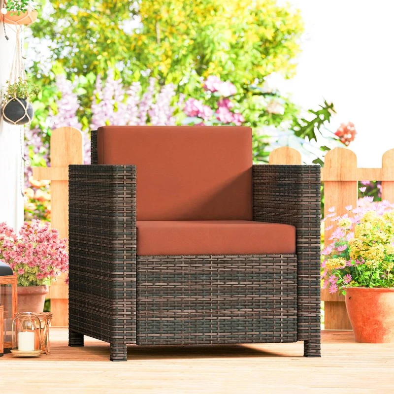 Image of OUTSUNNY Rattan Garden Armchair, Cushioned Single Rattan Chair, Brown/Orange in Orange Orange Unisex