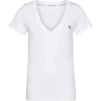Image of Calvin Klein Jeans Ck Embroidery Stretch V-Neck - Bright WHT YAF