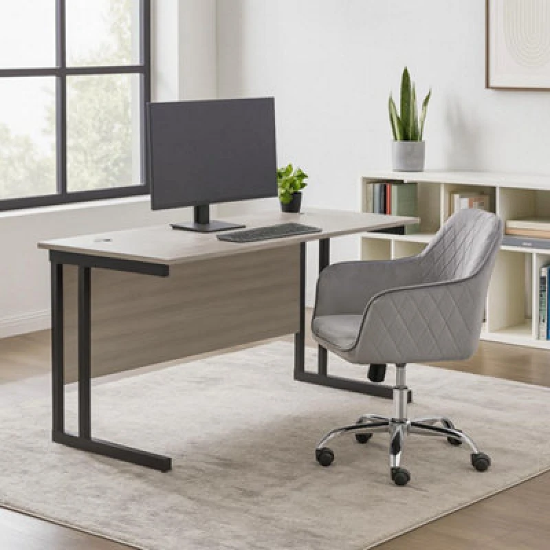 Image of KOSY KOALA KOSY KOALA Grey Office Desk with Grey Velvet Upholstered Chair Wooden Room Furniture Grey One Size Unisex 5061055341697